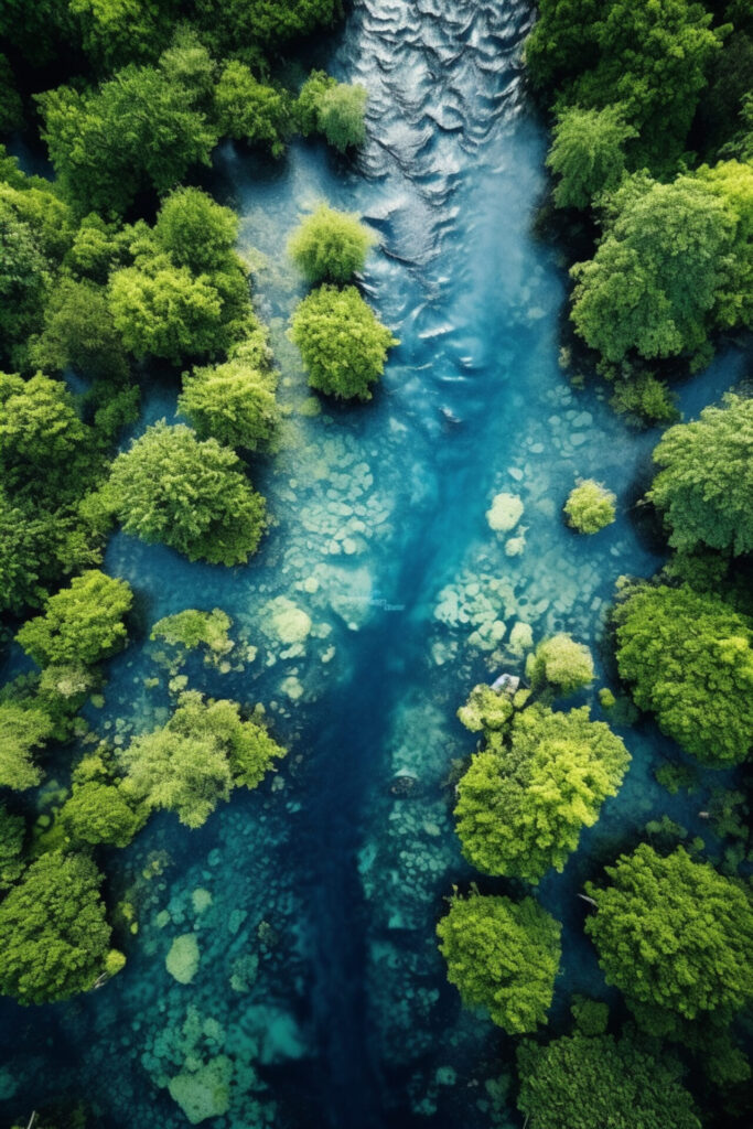 Luftaufnahme eines unberührten, klaren Flusses, der sich durch einen dichten, grünen Wald schlängelt.