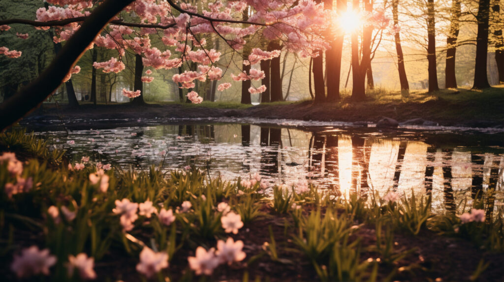 Idyllische Wasserlandschaft im sanften Licht der Morgensonne, umgeben von blühenden Kirschbäumen, die Reinheit und Erneuerung symbolisieren.