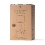 Produktverpackung eines Wasserfiltersystems aus Glas und Bambus auf einem weißen Hintergrund.