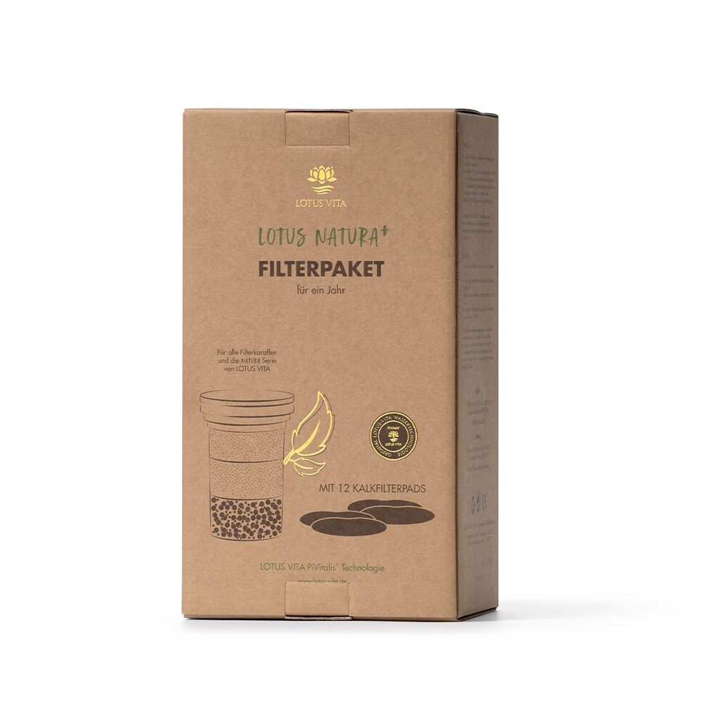 Jahresvorrat an Wasserfilter-Kartuschen und Kalkfilter-Pads in einer umweltfreundlichen Kartonverpackung von Lotus Vita.