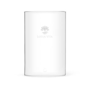 Eleganter Ersatz-Glastank für einen Stand-Wasserfilter von Lotus Vita mit dezentem Logo-Druck.