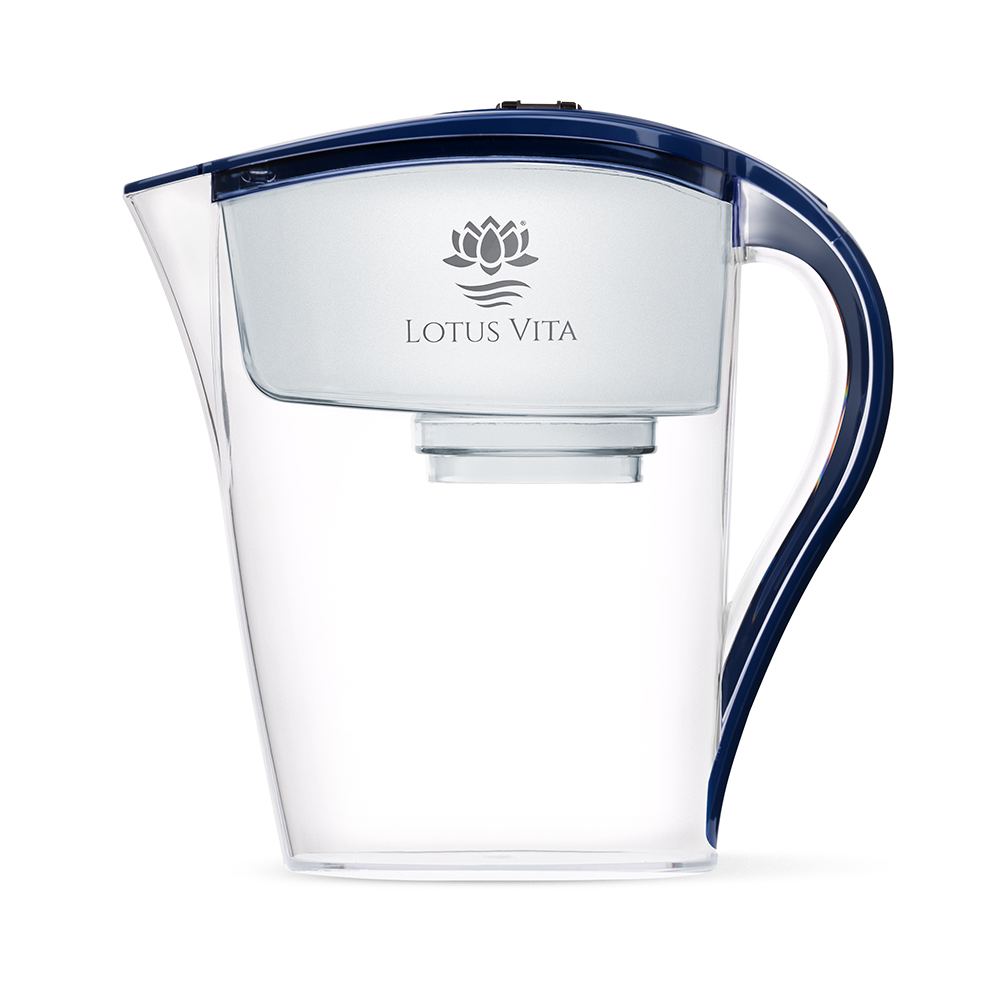 Transparente Wasserfilterkanne mit blauem Deckel und Griff, gefüllt mit reinem, gefiltertem Wasser.