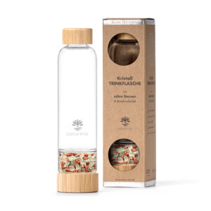 Edle Glas-Trinkflasche mit Bambusdeckel und einem separaten, mit Kristallen gefüllten Fach, präsentiert neben ihrer umweltfreundlichen Kartonverpackung.