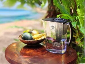 Eine transparente Wasserfilter-Kanne von Lotus Vita, gefüllt mit frischem Wasser, auf einem Holztisch in einer tropischen Umgebung am Meer.